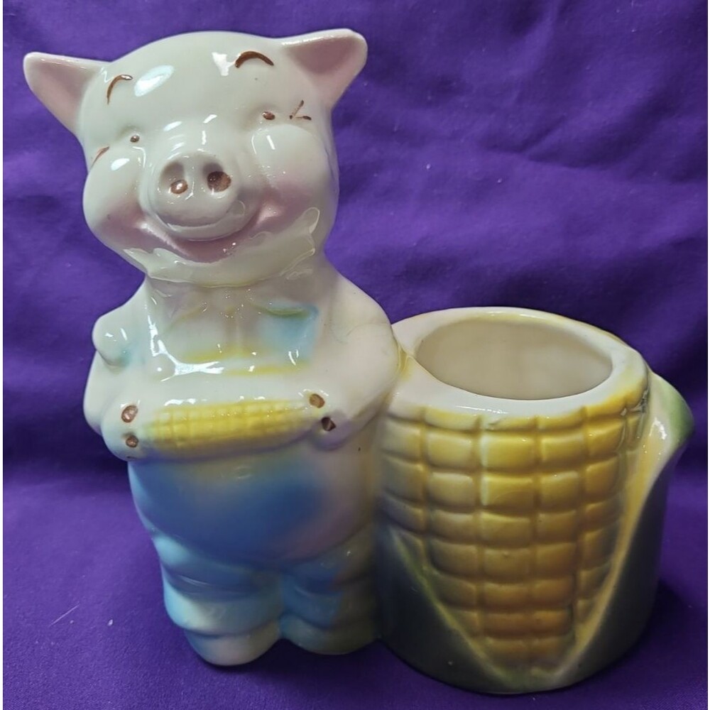 Vintage Shawnee  Pig Farmer Planter with Corn Cob Husk Pot 5.5” Tall Retro 50s
